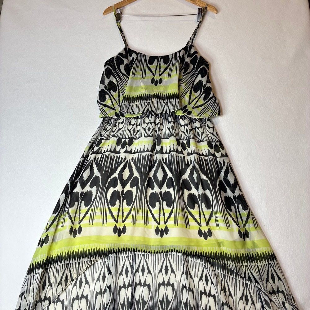 Bisou Bisou Dress Womens 14 Green Ikat High Low Tiered Ruffle 13KD582B